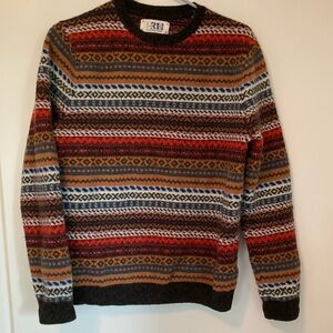 Simons Red and Brown Crewneck Sweater with Fair Isle Patterns